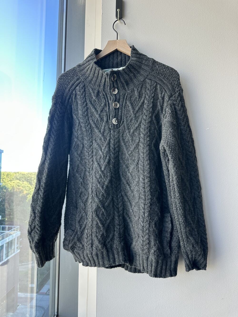 Aran Crafts Ireland Gray Buttoned 100% Merino Wool Kable Knit Sweater Sz L